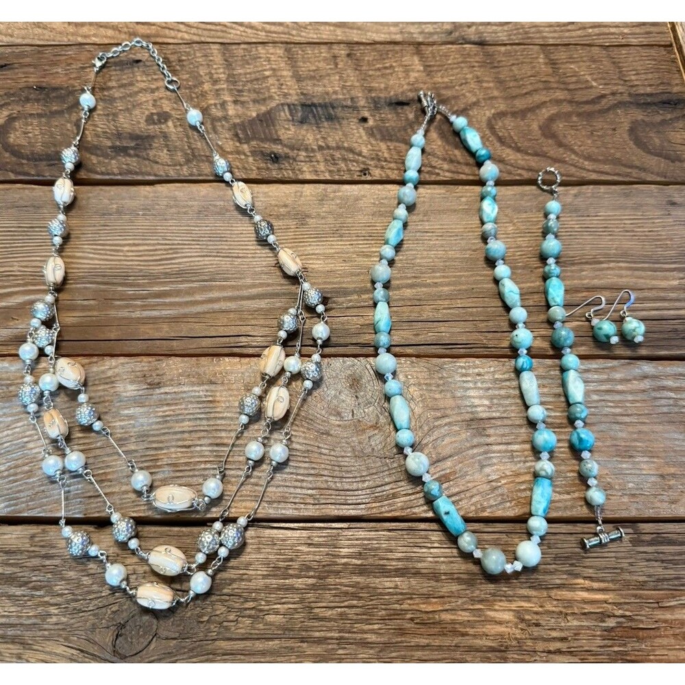 Lot of Necklaces Multi Strand Beaded Bracelet Earrings Blue Silver